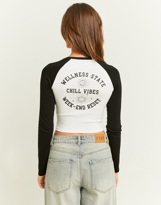 T-Shirt Blanc Imprimé et Manches Contrastantes | TALLY WEiJL