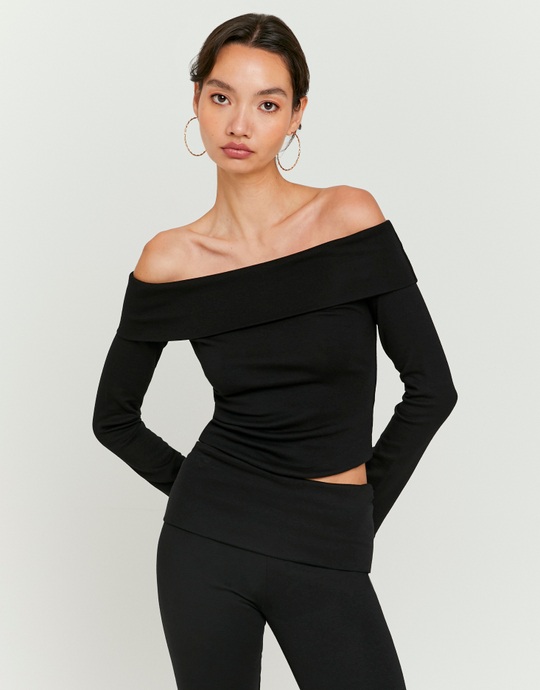 Basic schwarzes Off-Shoulder T-Shirt | TALLY WEiJL