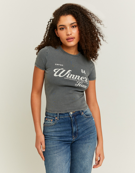 Szara koszulka z nadrukiem oraz efektem sprania | TALLY WEiJL