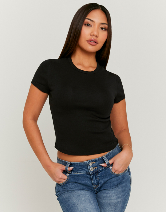 Black Ribbed Basic T-shirt | TALLY WEiJL