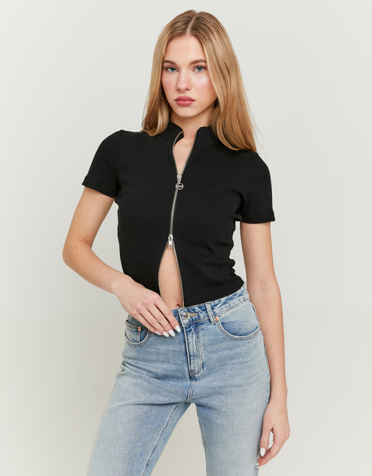 Schwarzes Basic Top mit Reissverschluss | TALLY WEiJL