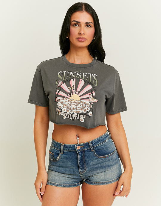 Acid Wash Cropped Printed T-Shirt | TALLY WEiJL