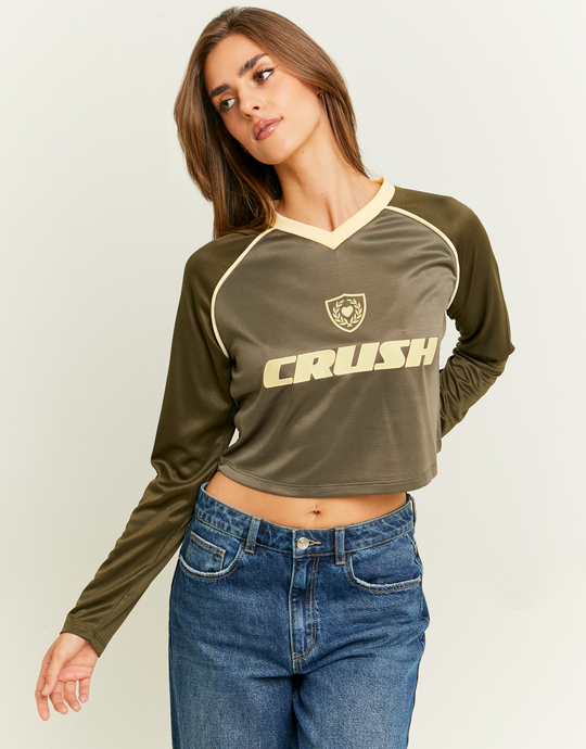 Khaki Cropped Football T-Shirt | TALLY WEiJL
