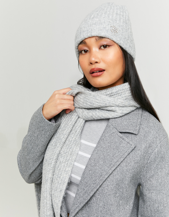TALLY WEiJL, Grey Knitted Beanie with Small Strass Logo for Women
