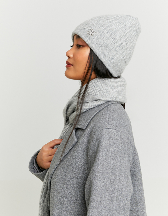 TALLY WEiJL, Grey Knitted Beanie with Small Strass Logo for Women