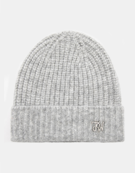 TALLY WEiJL, Grey Knitted Beanie with Small Strass Logo for Women