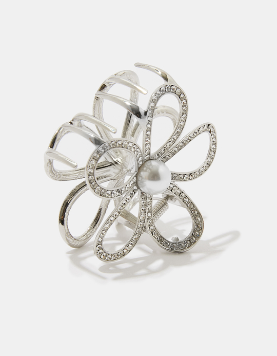 TALLY WEiJL, Silver Flower Hair Clip with Rhinestones for Women