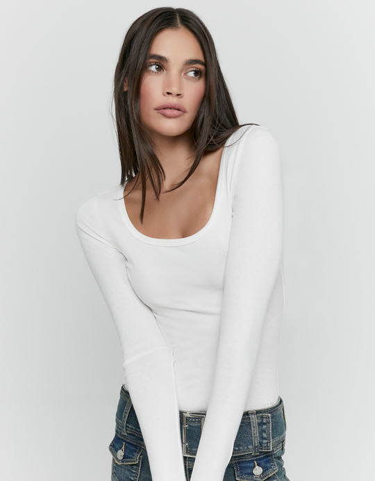 TALLY WEiJL, White Basic Long Sleeve Bodysuit for Women