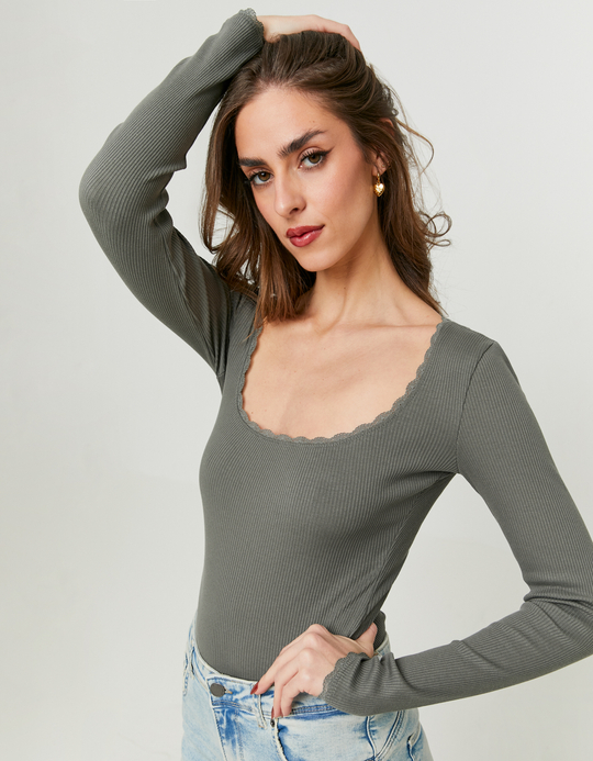 TALLY WEiJL, Body Basico Kaki con Finiture in Pizzo for Women