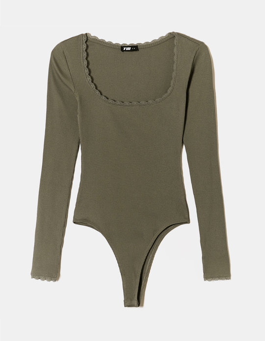 TALLY WEiJL, Body Basico Kaki con Finiture in Pizzo for Women