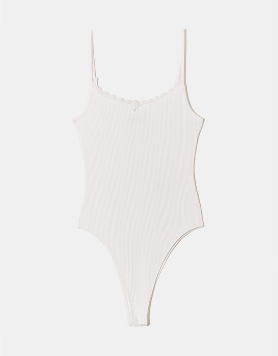 TALLY WEiJL, White Basic Bodysuit with Lace Trim for Women