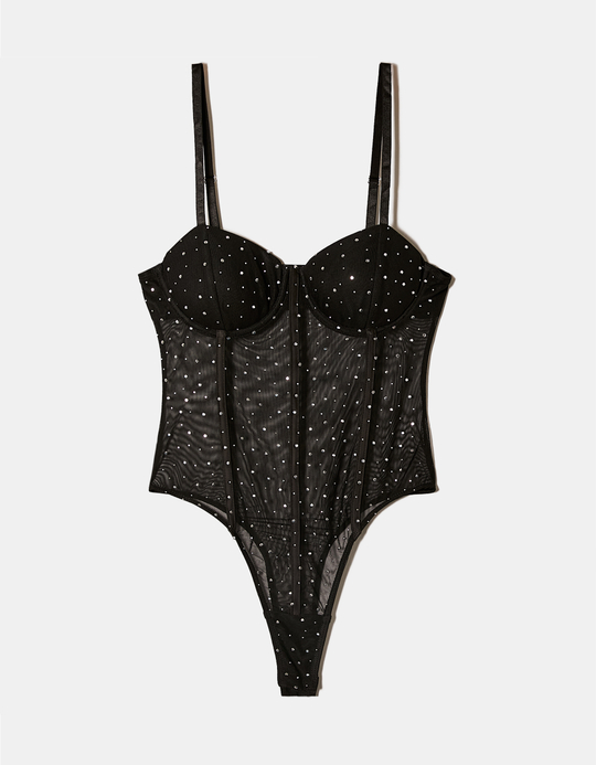 TALLY WEiJL, Black Mesh Bodysuit with Strass for Women