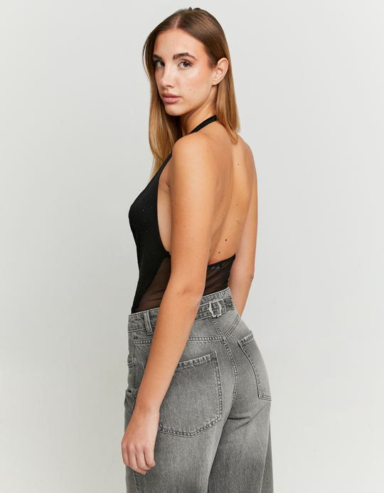 TALLY WEiJL, Black Mesh Bodysuit with Black Strass for Women