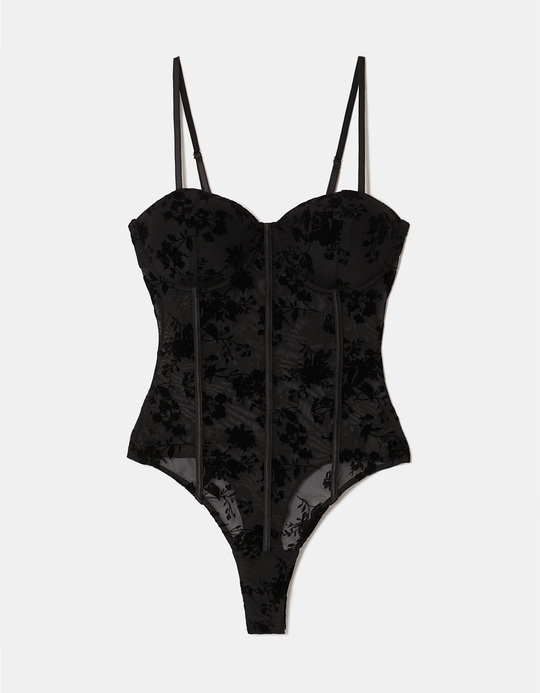 TALLY WEiJL, Black Flocked Floral Bodysuit for Women