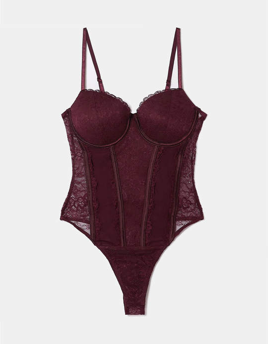 TALLY WEiJL, Body Borgogna Aderente In Pizzo E Mesh Con Scollo A Cuore for Women