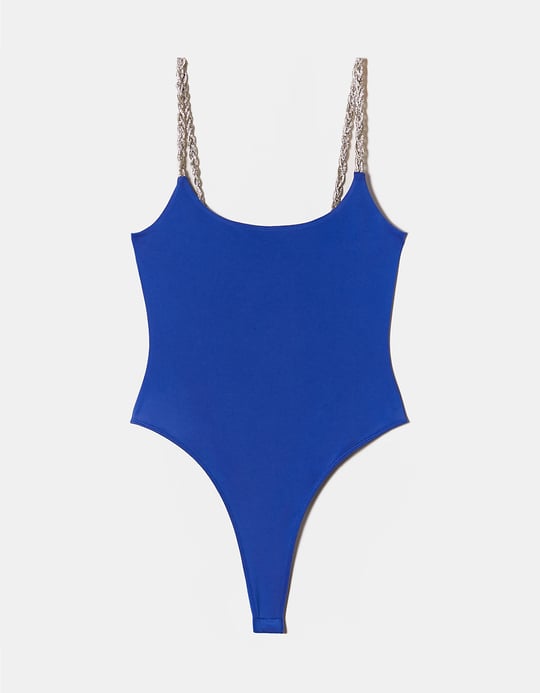 TALLY WEiJL, Blue Bodysuit with Strass Chain Sleeves for Women
