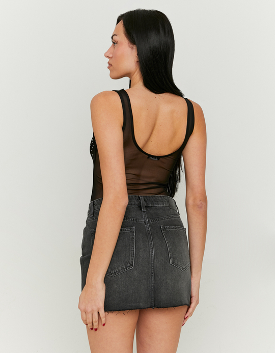 TALLY WEiJL, Black Mesh Bodysuit with Square Strass for Women