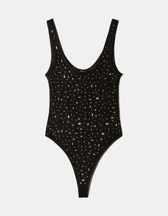 TALLY WEiJL, Black Mesh Bodysuit with Square Strass for Women