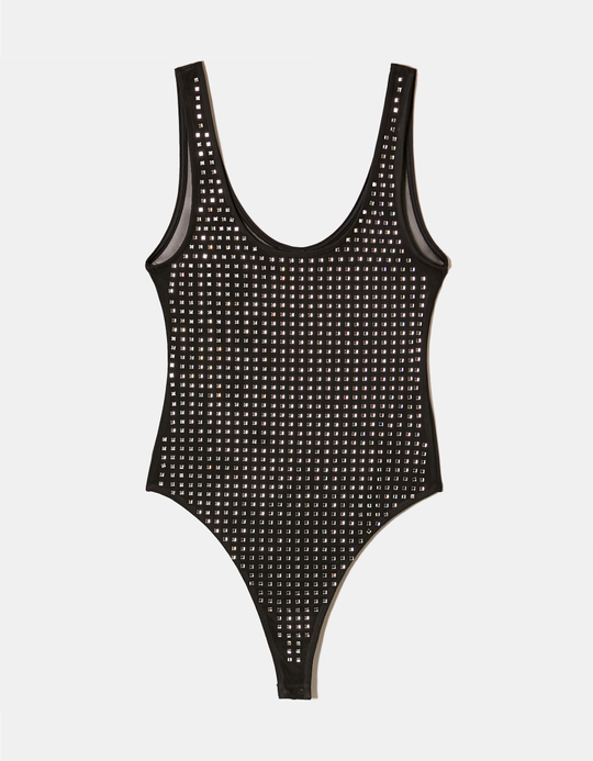 TALLY WEiJL, Black Mesh Bodysuit with Square Strass for Women