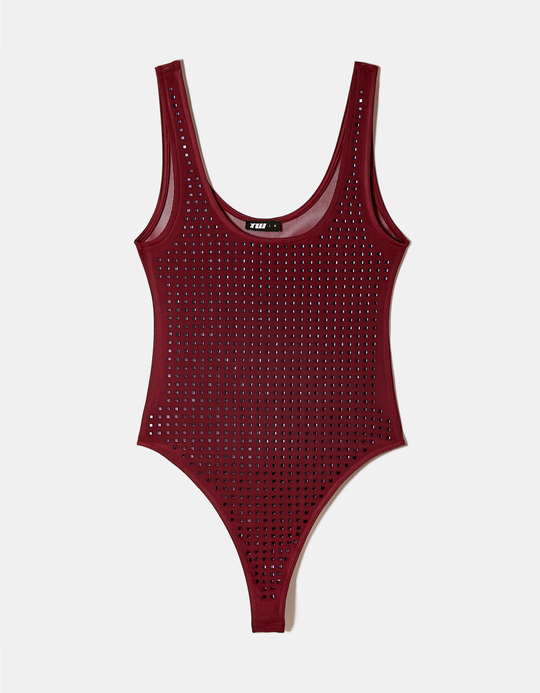 TALLY WEiJL, Red Mesh Bodysuit with Square Strass for Women
