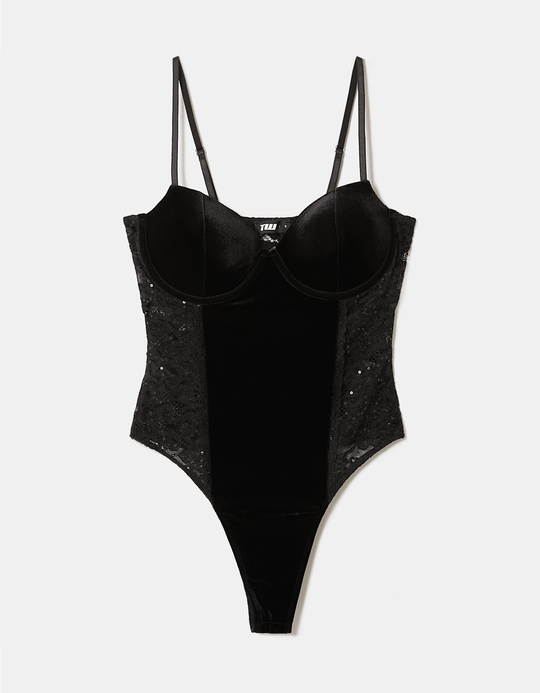 TALLY WEiJL, Schwarzer Blumen-Spitzenbody aus Samt mit Pailletten for Women