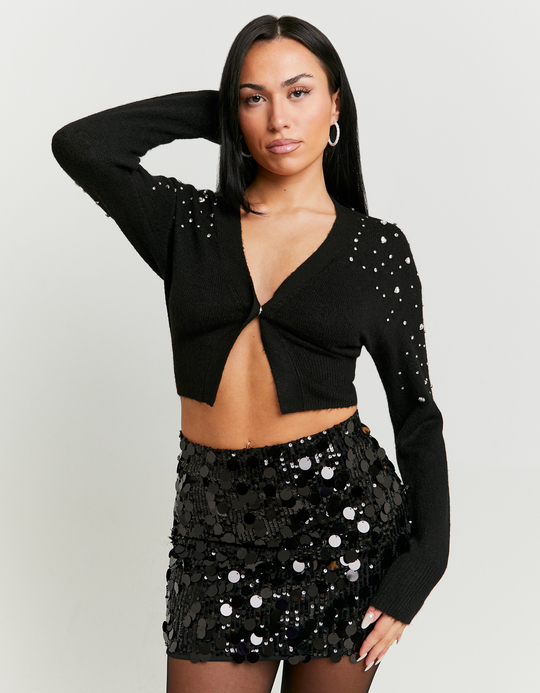 TALLY WEiJL, Black Cropped Cardigan with Strass for Women