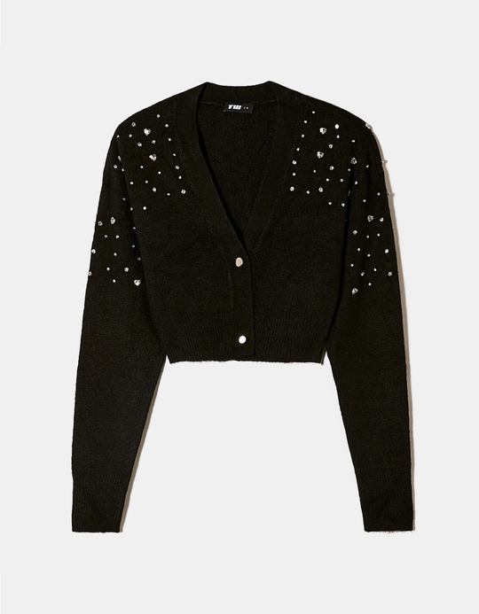 TALLY WEiJL, Black Cropped Cardigan with Strass for Women