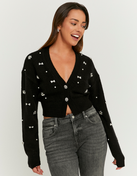 TALLY WEiJL, Black Knitted Cardigan with Rhinestones for Women