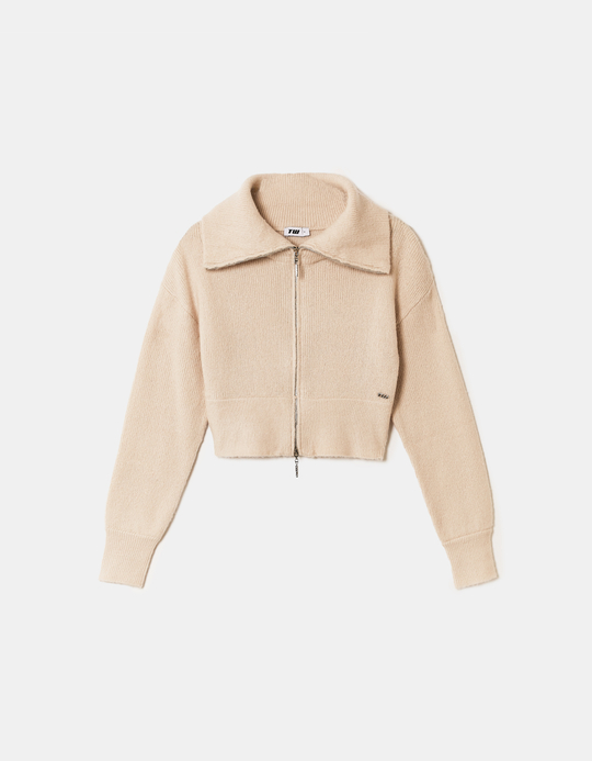 TALLY WEiJL, Beige Cropped Zip Up Cardigan for Women