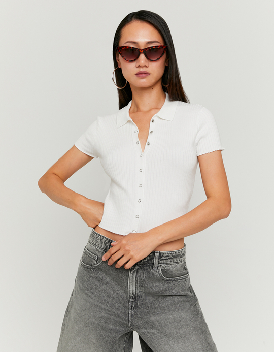 TALLY WEiJL, White Knitted Polo Neck Cardigan for Women