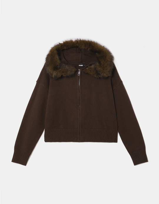 TALLY WEiJL, Cardigan marron ajusté en maille avec capuche en fausse fourrure for Women