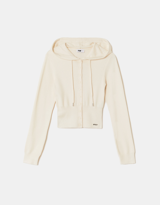 TALLY WEiJL, White Knit Buttoned Cardigan with Hood for Women