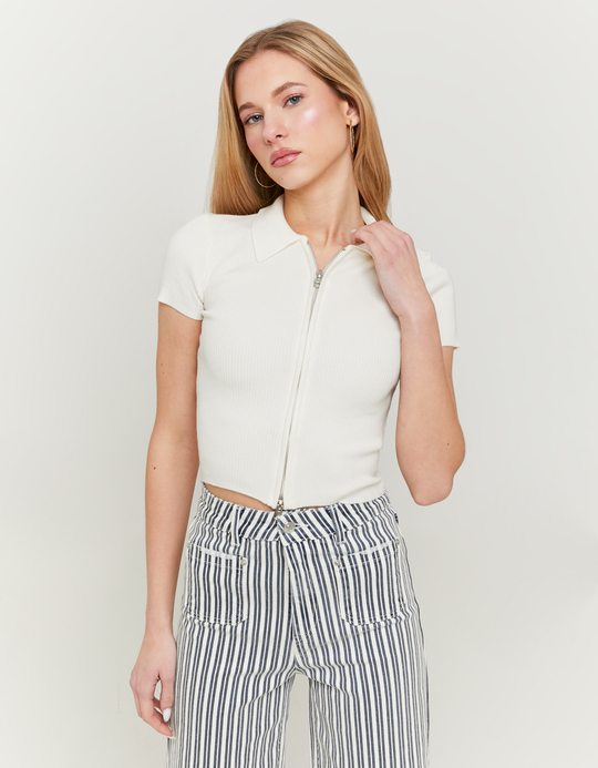 TALLY WEiJL, White Knitted Polo Neck Cardigan for Women