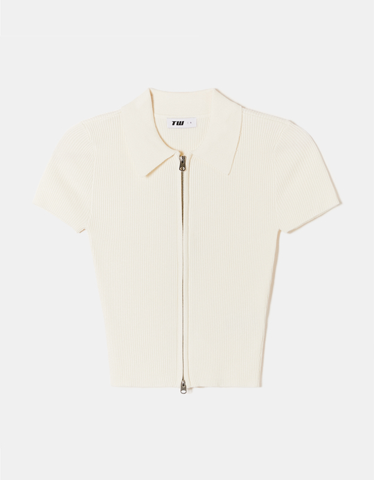 TALLY WEiJL, White Knitted Polo Neck Cardigan for Women