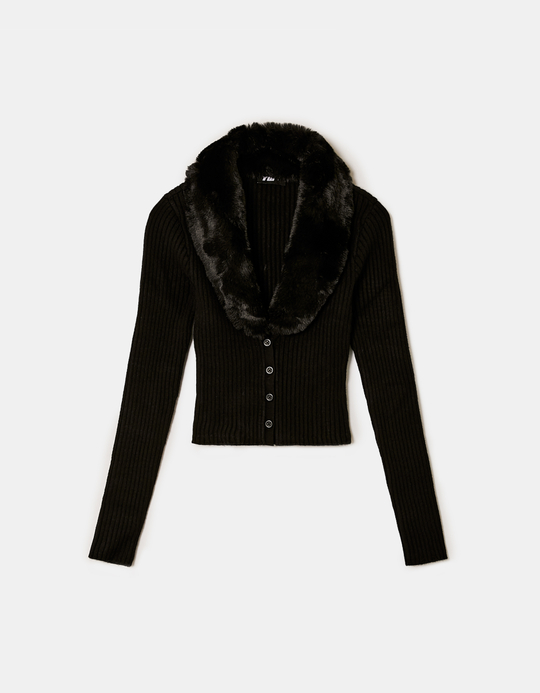 TALLY WEiJL, Black Faux Fur V-Neck Cardigan for Women