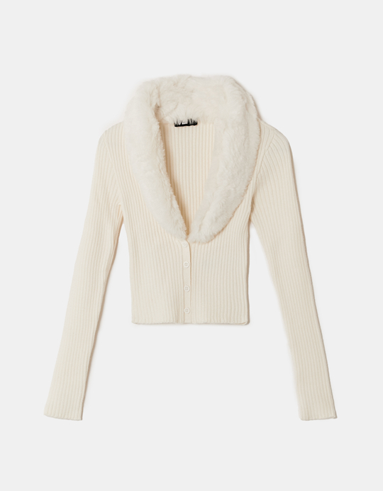 TALLY WEiJL, White Faux Fur V-Neck Cardigan for Women