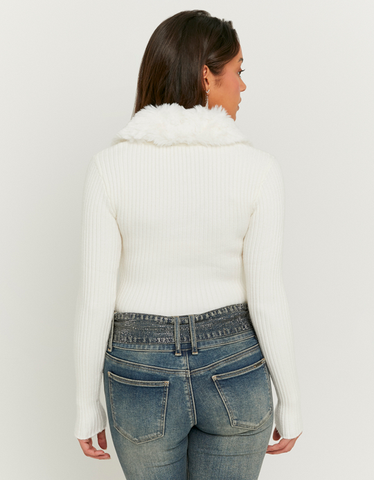 TALLY WEiJL, White Faux Fur V-Neck Cardigan for Women