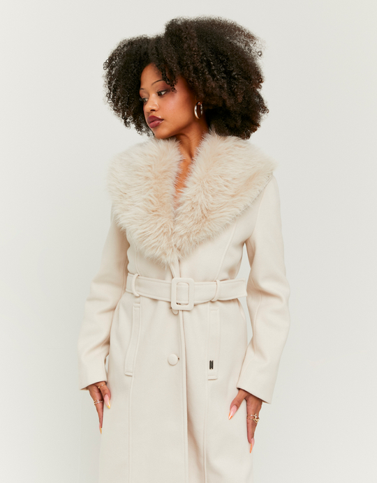 TALLY WEiJL, Beige Long Coat with Faux Fur for Women