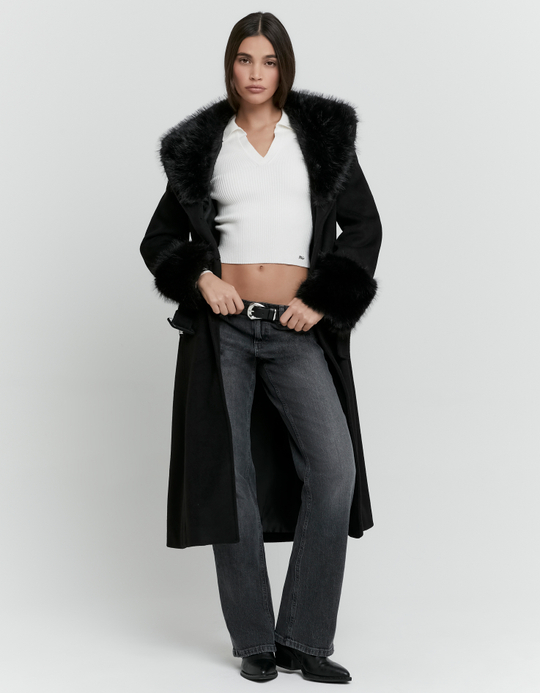 TALLY WEiJL, Cappotto Lungo Nero in Finta Lana con Cintura for Women
