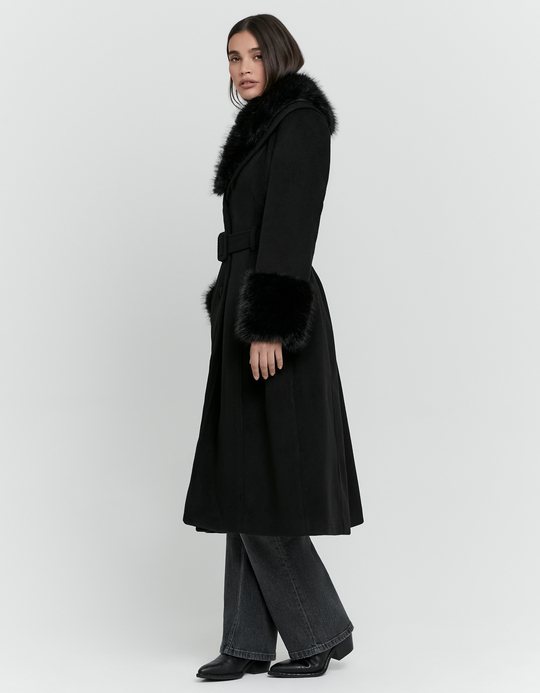 TALLY WEiJL, Cappotto Lungo Nero in Finta Lana con Cintura for Women