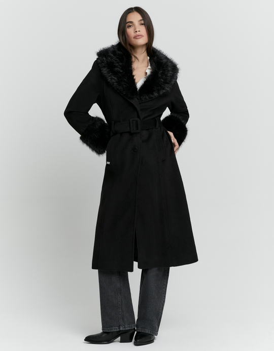 TALLY WEiJL, Cappotto Lungo Nero in Finta Lana con Cintura for Women