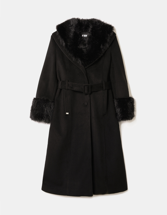 TALLY WEiJL, Cappotto Lungo Nero in Finta Lana con Cintura for Women