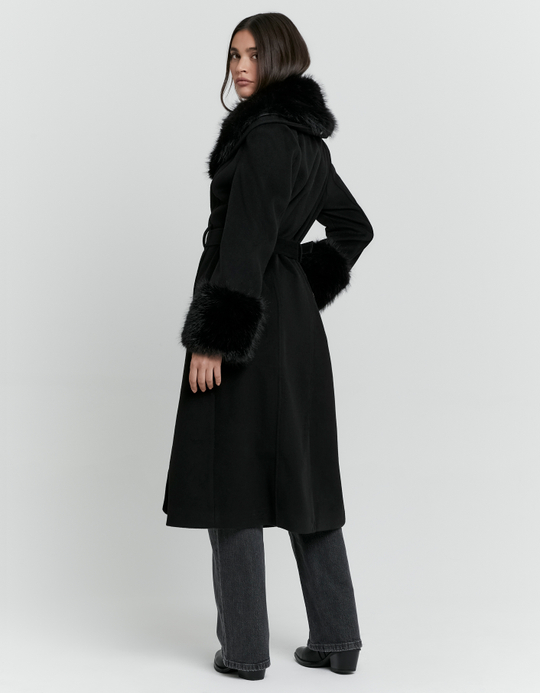 TALLY WEiJL, Cappotto Lungo Nero in Finta Lana con Cintura for Women