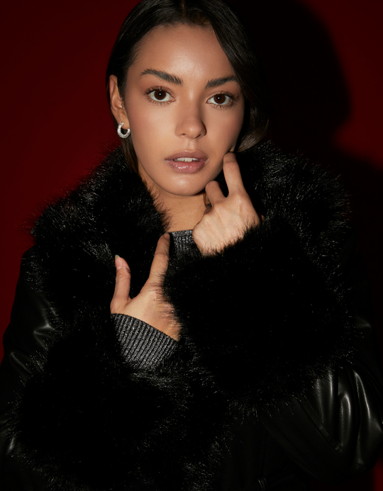 TALLY WEiJL, Black Long Coat with Faux Fur for Women