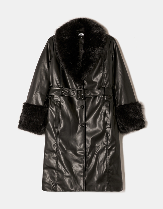 TALLY WEiJL, Cappotto Trench in Finta Pelle Nero con Dettagli in Finta Pelliccia for Women