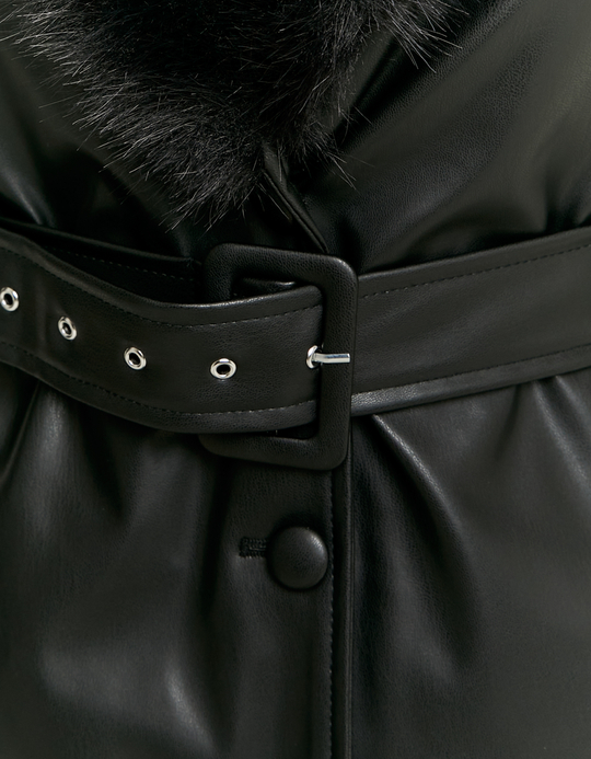 TALLY WEiJL, Cappotto Trench in Finta Pelle Nero con Dettagli in Finta Pelliccia for Women