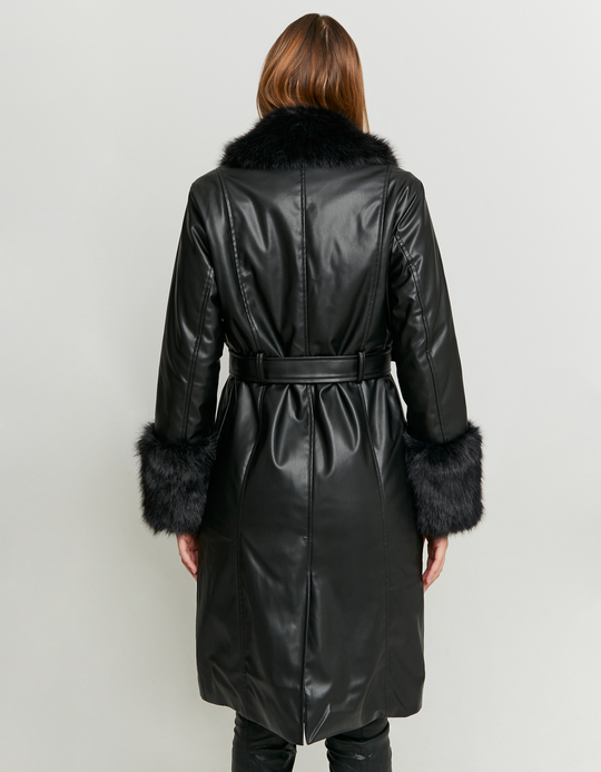 TALLY WEiJL, Cappotto Trench in Finta Pelle Nero con Dettagli in Finta Pelliccia for Women