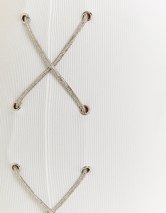 TALLY WEiJL, Φόρεμα Πλεκτό Λευκό με Strass κορδόνι for Women