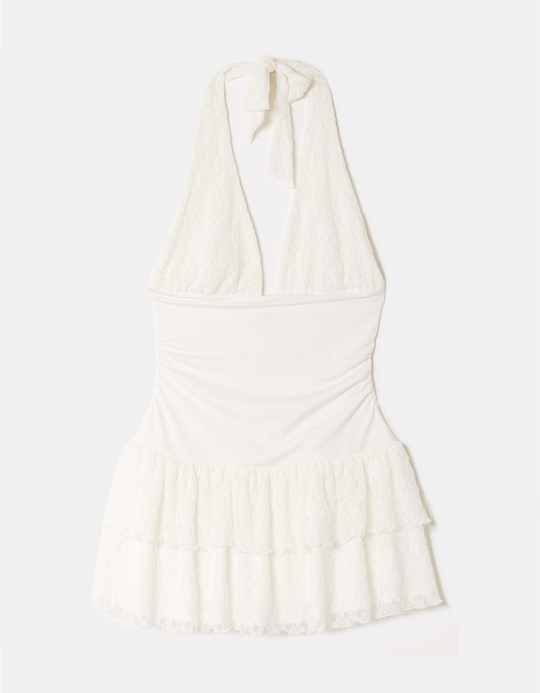 TALLY WEiJL, White Lace Ruffle Mini Dress for Women