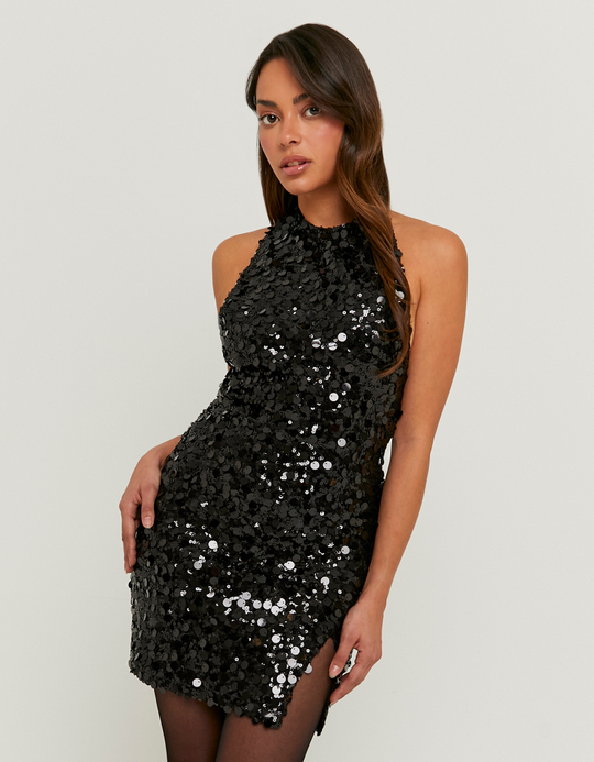 TALLY WEiJL, Black Sequin Halter Dress for Women
